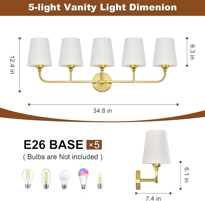 Bathroom Vanity Light, Brushed Gold Bathroom Light Fixtures, 5-Light Lighting - Image 4