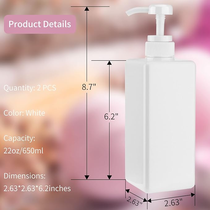 Pump Bottle Dispenser 22oz/650ml Jansburg 2Pack Refillable Square Plastic - Image 3