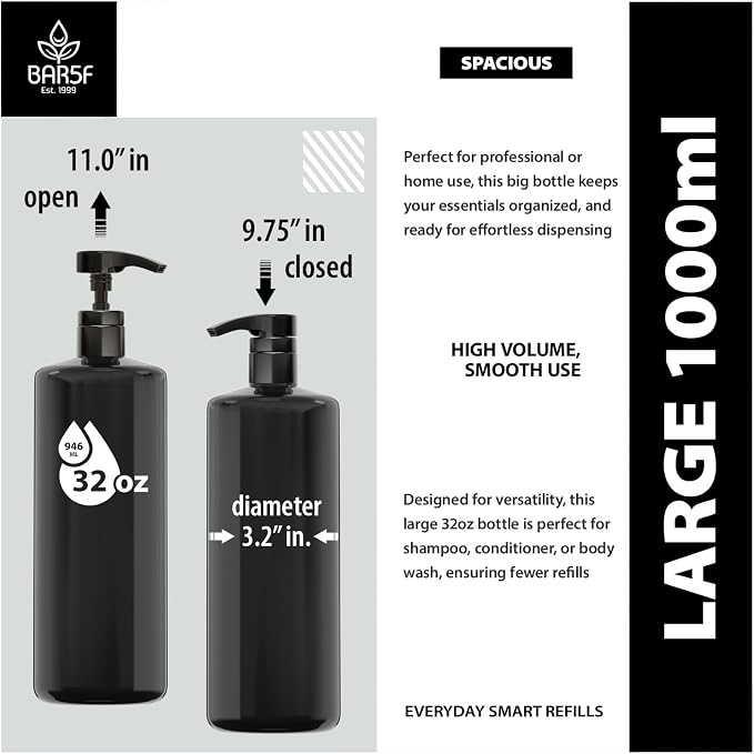 Bar5F 1-Liter BPA-Free Black Pump Bottles – Refillable PET Plastic Dispensers - Image 2