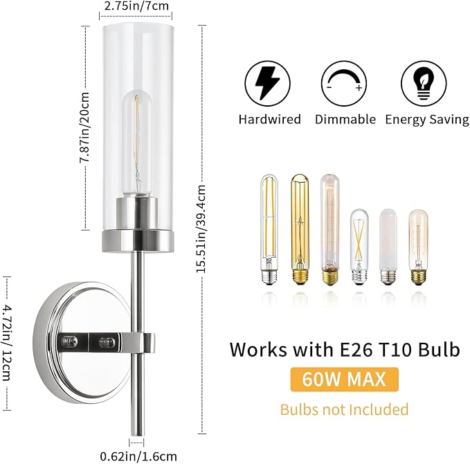 WILON Modern Wall Sconces Set of 2, Chrome Bathroom Light Fixture - Image 2