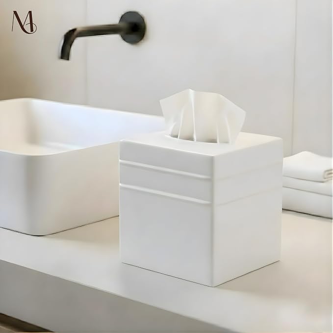 Monarch Abode Tissue Box Cover Square – Handcrafted Border Embossed White Metal - Image 3