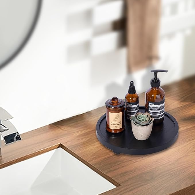 Round Decorative Tray Wood Bathroom Counter Organizer Farmhouse Kitchen Decor - Image 7