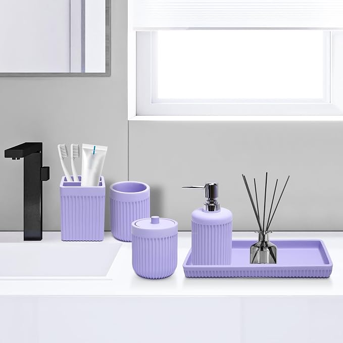 Resin Light Purple Bathroom Accessories Set 5 Pcs, Lotion Soap Dispenser - Image 9