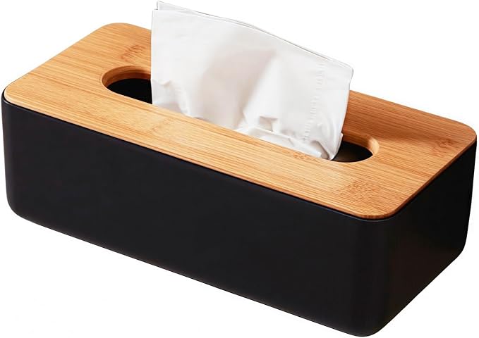 Tissue Box with Bamboo Cover, Plastic Tissue Organizer, Bathroom Tissue by YWHWXB