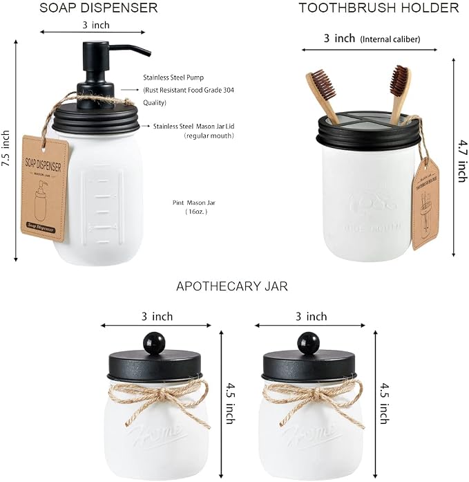 Amolliar Mason Jar Bathroom Accessories Set—White Retro Lotion Soap Dispenser & - Image 7