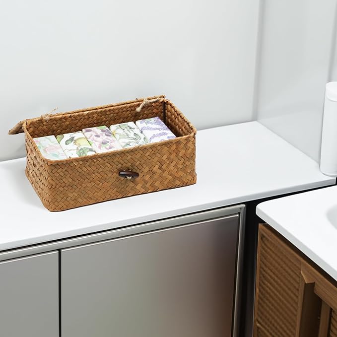 Wicker Storage Basket with Lid, Natural Seagrass Storage Baskets - Image 2