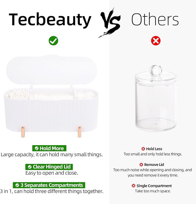 Tecbeauty Qtips Holder, 3 Grids Separate Cotton Swabs Ball Dispenser, Storage - Image 3