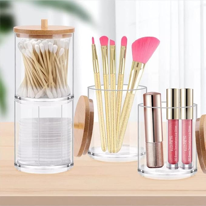 Qtip Holder Dispenser with Cotton Pads Jar Set Bamboo Lid Stackable Bathroom - Image 6