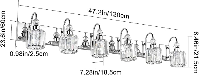 Ralbay 6-Lights Stainless Steel Crystal Bathroom Vanity Lights Over Long Mirror - Image 4