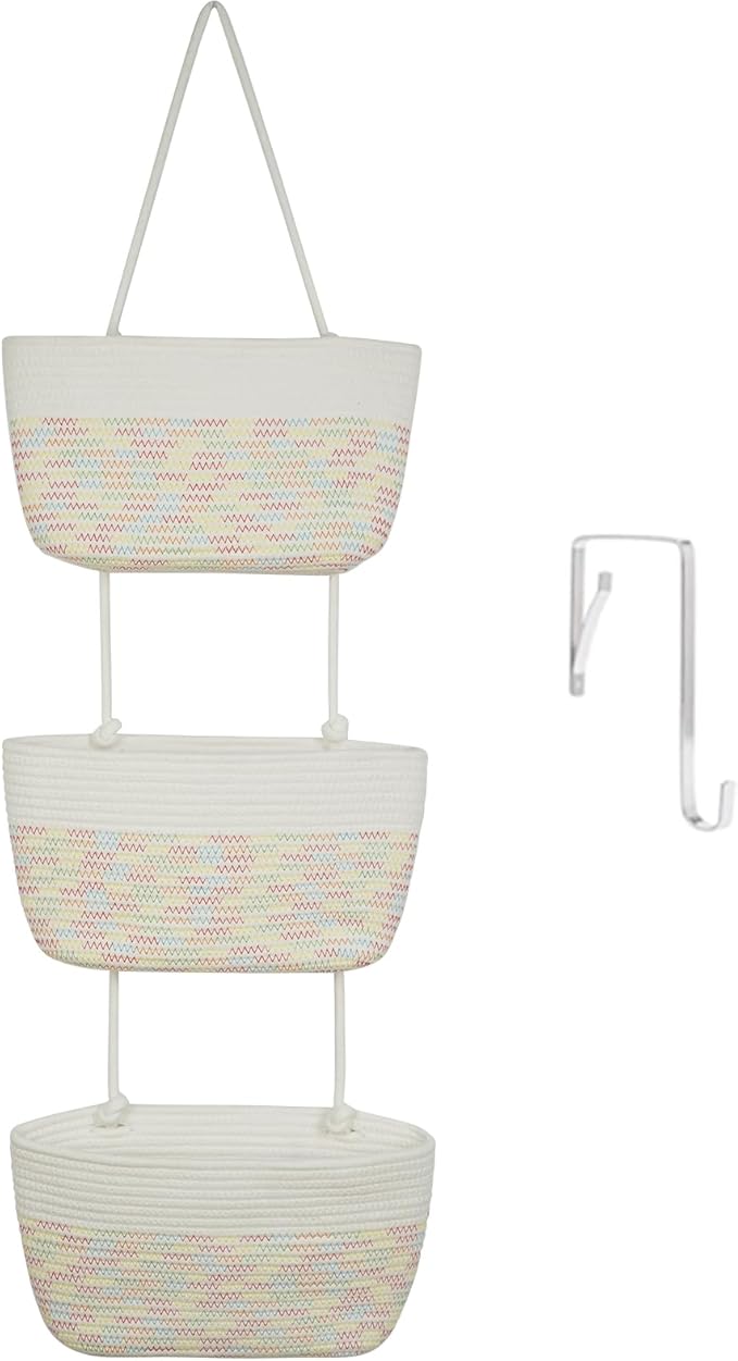 TeoKJ 3-Tier Woven Cotton Wall-Mounted Hanging Storage Baskets, Over the Door by TeoKJ