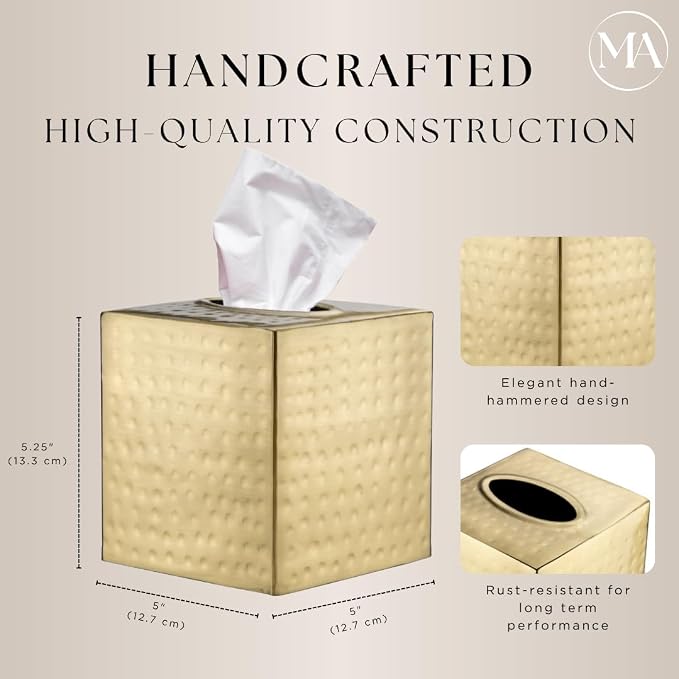 Monarch Abode Tissue Box Cover Square – Hand Hammered Brushed Gold Metal Tissue - Image 3