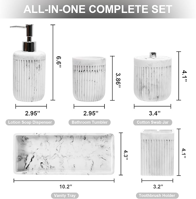 Resin White Marble Bathroom Accessories Set 5 Pcs, Lotion Soap Dispenser - Image 2