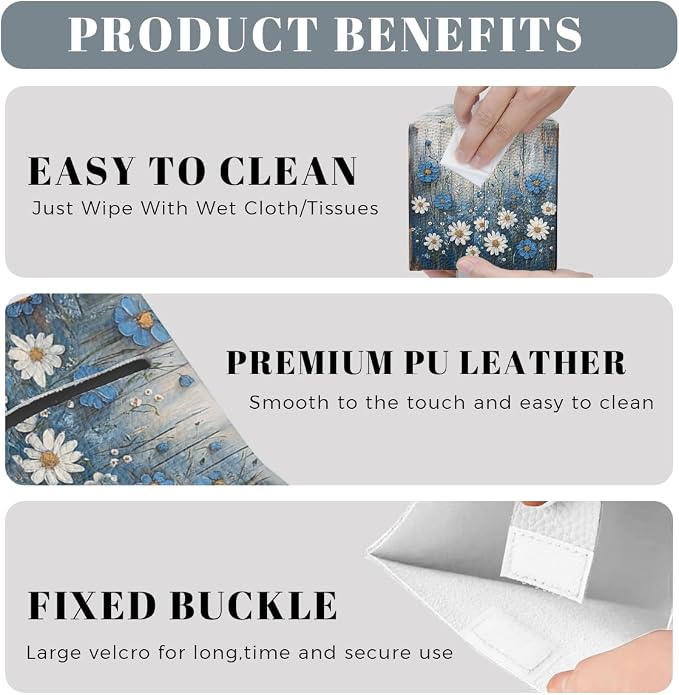 White Flowers Daisy Tissue Box Cover Rustic Floral Wooden Country Leather - Image 4