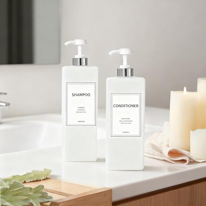 Modern Silver Shampoo and Conditioner Dispenser Refillable Pump Bottle Set - Image 7