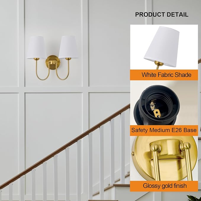Hardwired White Fabric 2 Light Wall Sconce – Double Headed Cloth Shade Fixture - Image 3
