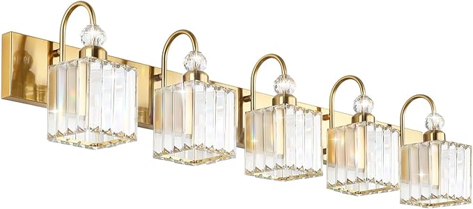 Ralbay Gold Crystal 5-Light Bathroom Vanity Lights Over Mirror Modern Crystal by RalbayLighting