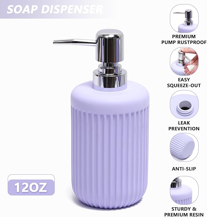 Resin Light Purple Bathroom Accessories Set 5 Pcs, Lotion Soap Dispenser - Image 3