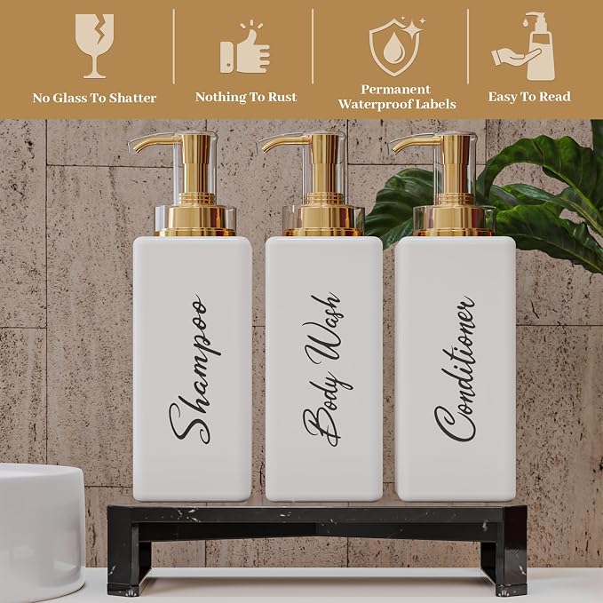 Akalin Refillable Shampoo and Conditioner Bottles, 16oz White and Gold Soap - Image 2