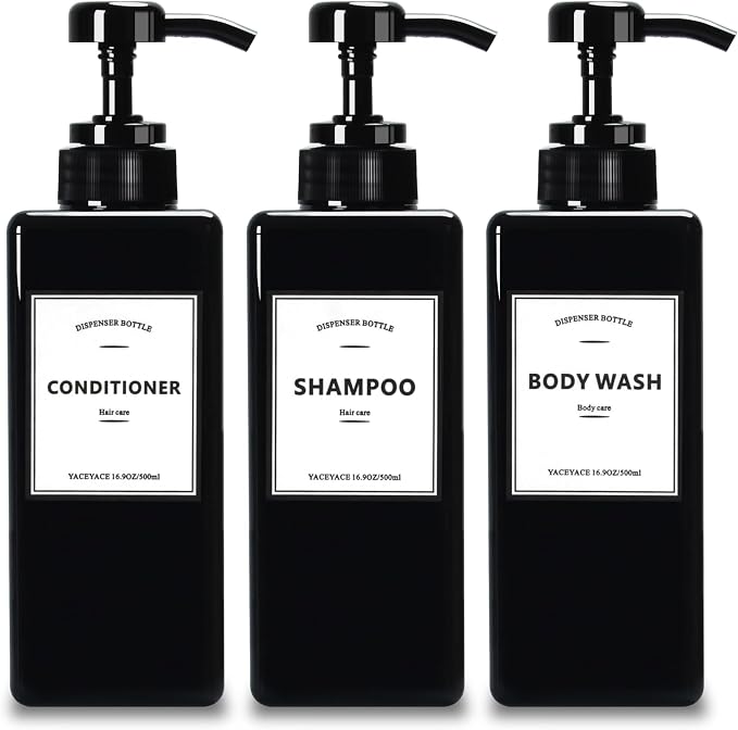 Black Shampoo Dispenser with Pump, YACEYACE 16.9oz Set of 3 Shampoo Bottles by YACEYACE
