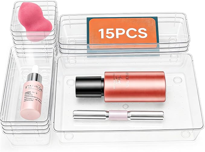 15 Pack Clear Plastic Drawer Organizer Set by Pioleackflew