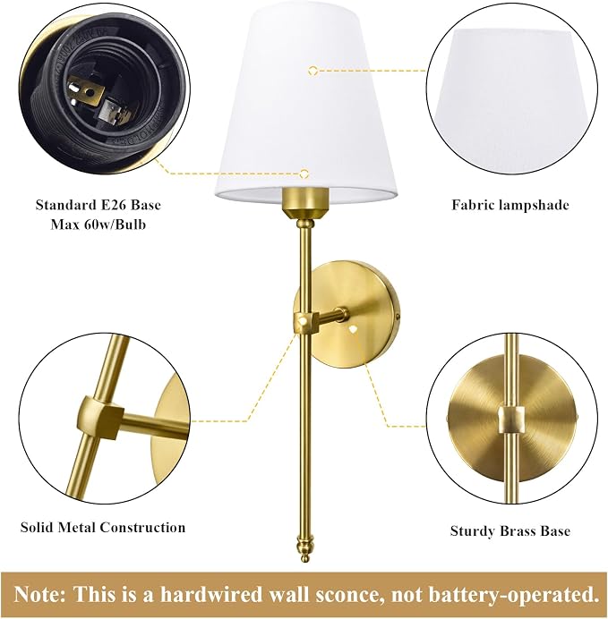 Bsmathom Wall Sconces Sets of 2, Hardwired Classic Brushed Brass Sconces Wall - Image 2