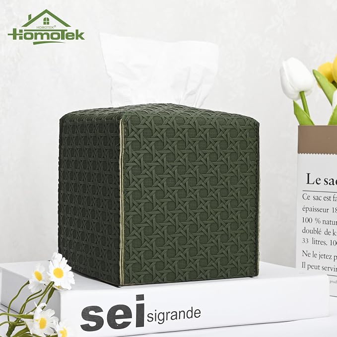 HOMOTEK 2 Pack Tissue Box Cover, Square PU Leather Tissue Holder, Decorative - Image 4