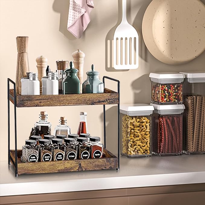 2 Tier Bathroom Counter Organizer Wood Bathroom Storage Shelf Spice Rack - Image 2
