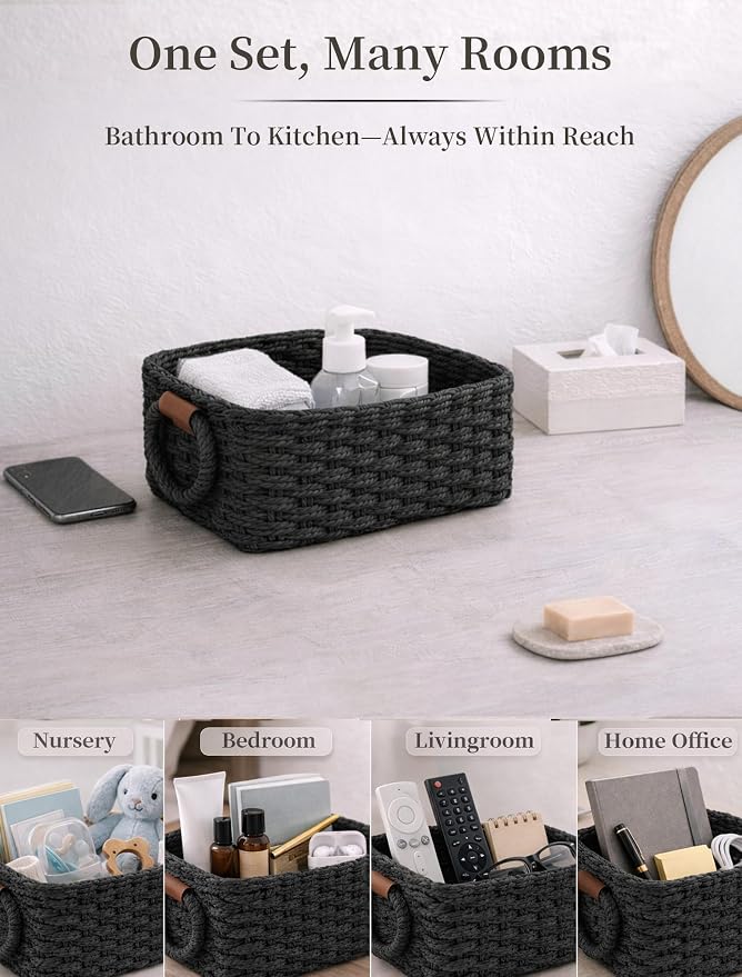 Storage Basket, Recycled Paper Rope Bathroom Basket Organizer, Mini wicker - Image 6