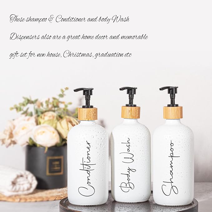 Glass Shampoo and Conditioner Pump Bottles Soap Dispenser Bamboo Pump Head - Image 2
