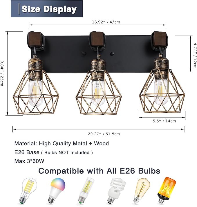 Farmhouse Bathroom Vanity Light Fixtures, 3-Light Black Gold Bathroom Light - Image 3