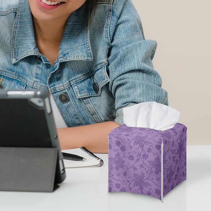 Purple Flowers Tissue Box Case PU Leather Square Modern Asthetic Tissue Box - Image 6