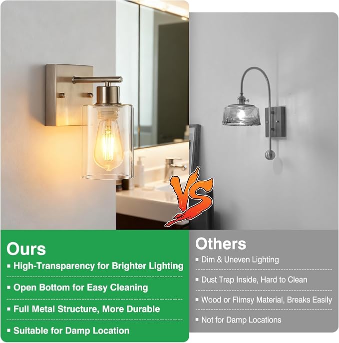 2-Pack Bathroom Wall Sconces, Brushed Nickel Vanity Lights, Modern Wall Light - Image 3
