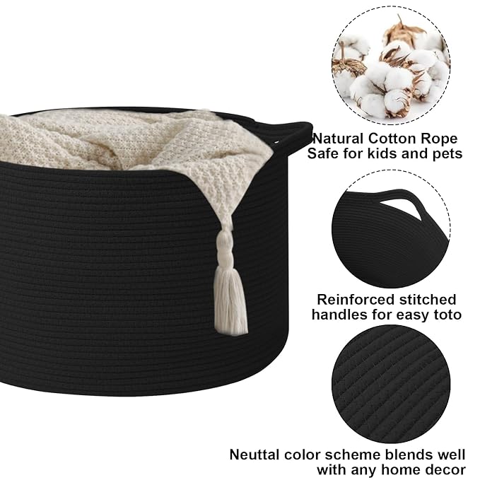 65L Large Blanket Basket, 19.7" L x 19.7" W x 13" H Rope Woven Baskets - Image 3