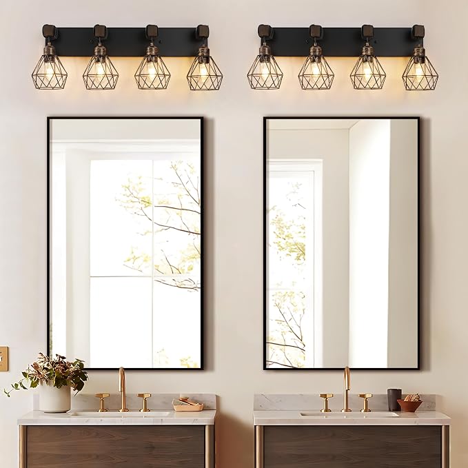 Farmhouse Bathroom Vanity Light Fixtures, 4-Light Black Gold Bathroom Light - Image 5