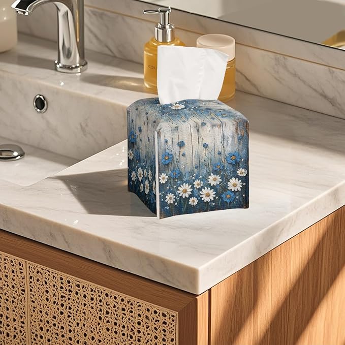White Flowers Daisy Tissue Box Cover Rustic Floral Wooden Country Leather - Image 5