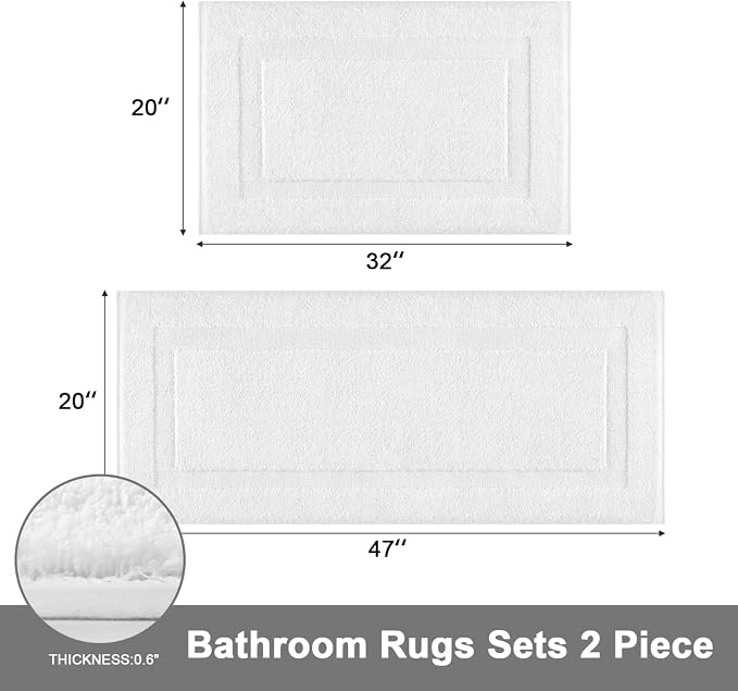 SHACOS White Bathroom Rugs Sets 2 Piece 32x20 + 47x20 inch, Non Slip Bath Mat - Image 2