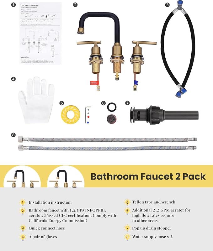 Black and Gold Bathroom Faucet: WOWOW Widespread Bathroom Sink Faucet 3 Hole - Image 8