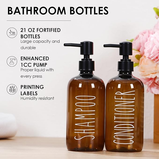 HOMCDALY Shampoo and Conditioner Dispenser Set of 3, 21oz Shower Soap Bottles - Image 4