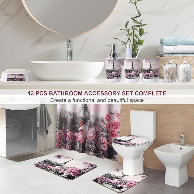 Bathroom Accessories Set with Shower Curtain Bath Rugs Pink Paris Bathroom - Image 2