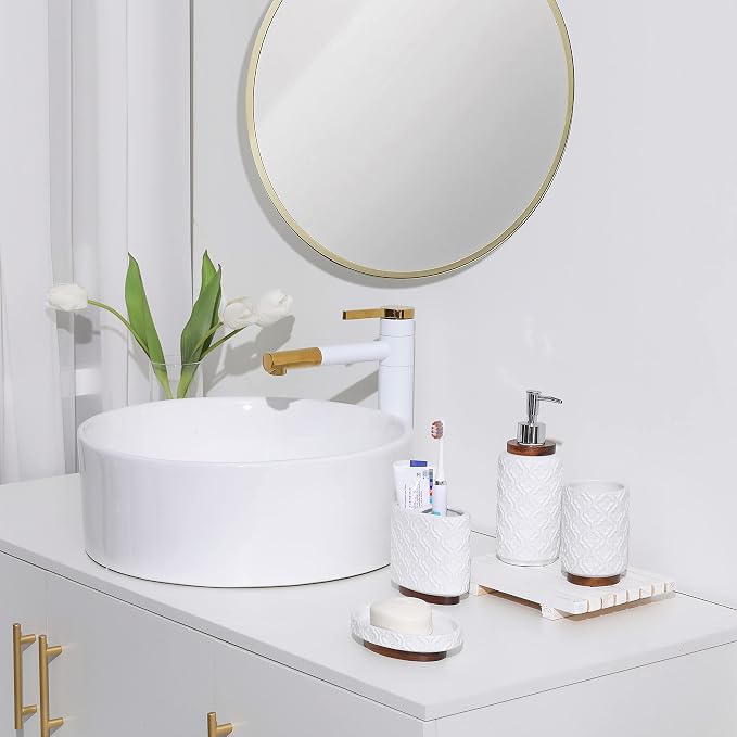 Elegant Bathroom Accessories Set 4 PCS Ceramic and Wood Bathroom Accessory Set - Image 8
