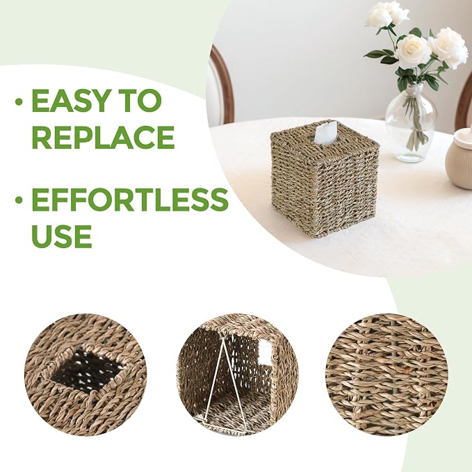 2 Pack Seagrass Tissue Box Cover, Wicker Tissue Box Holder Square, Hand Woven - Image 4