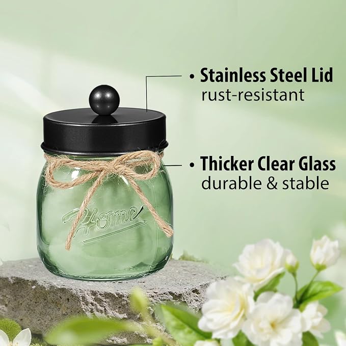 SheeChung Green Glass Qtip Holder Dispenser, Mason Jar Apothecary Jars - Image 6