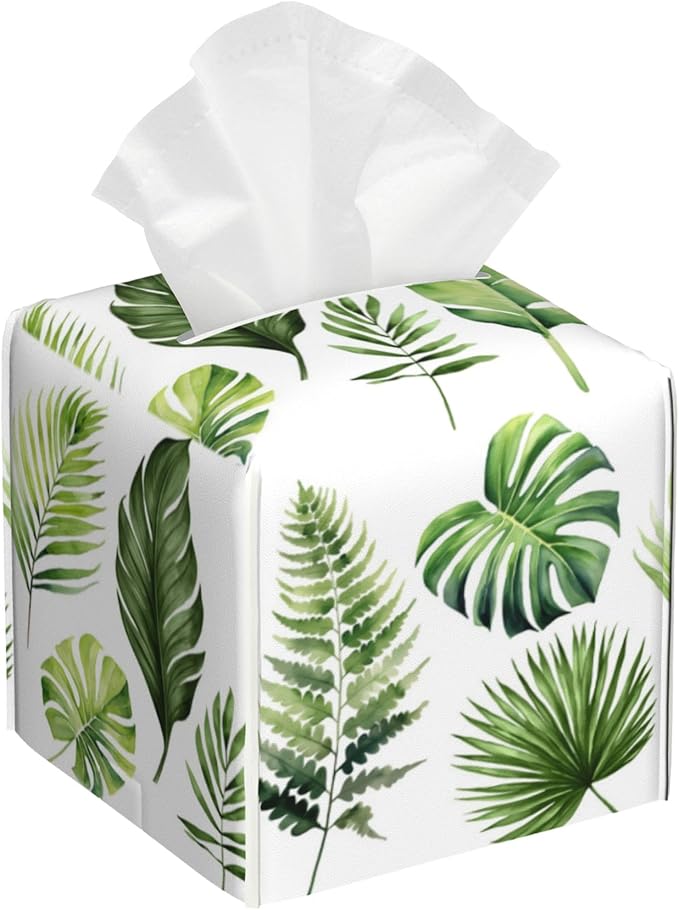 Green Tropical Leaves Tissue Box Cover Square, Watercolor Plant Palm Leaves by sndheke