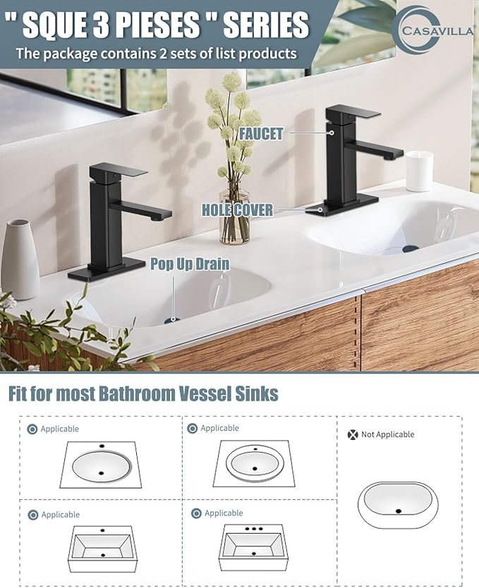 Bathroom Faucets Set with Pop Up Drain, Modern Single Handle Black Bathroom - Image 2