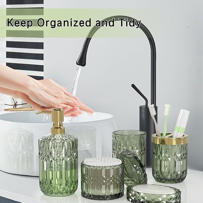 Green Glass Bathroom Accessories Set 5 Pcs, Soap Dispenser and Toothbrush - Image 4