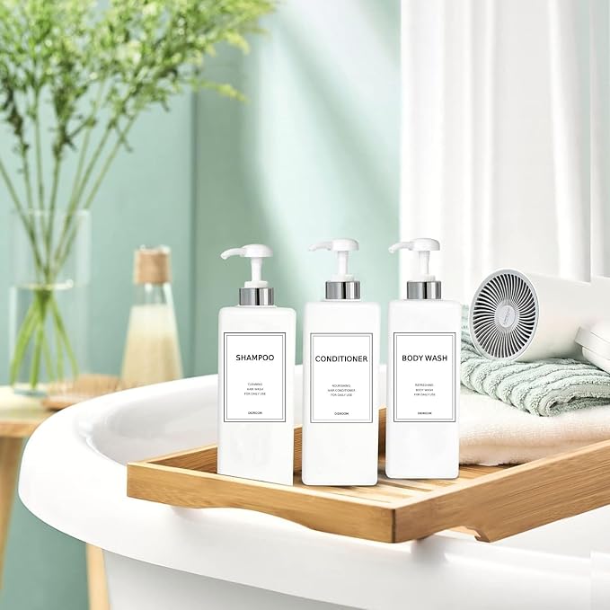 Modern Silver Shampoo and Conditioner Dispenser Refillable Pump Bottle Set - Image 3