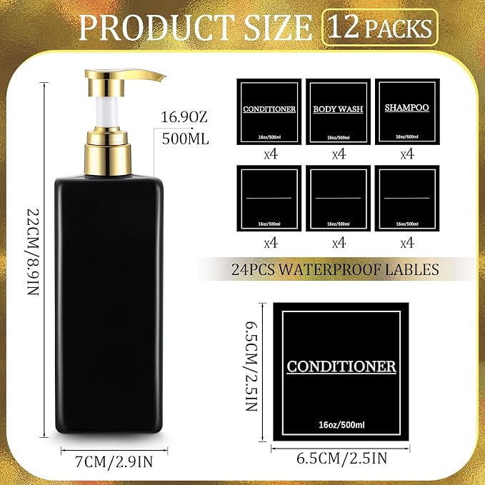 Gejoy 12 Pack Black Shampoo and Conditioner Dispenser Bottles, 17 Oz/ 500ml - Image 2