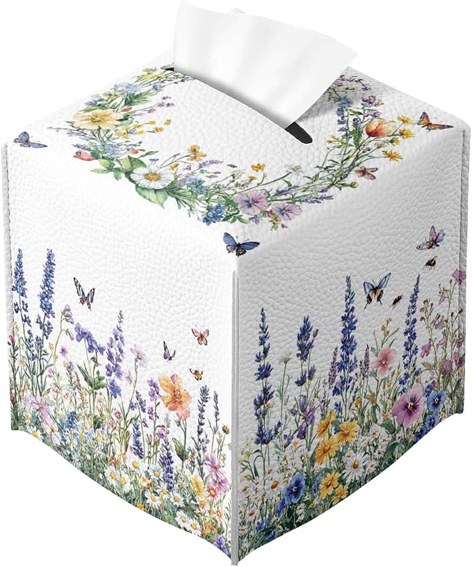 Wildflower Tissue Box Cover Colorful Spring Meadow Butterfly Garden Square PU by Unknown
