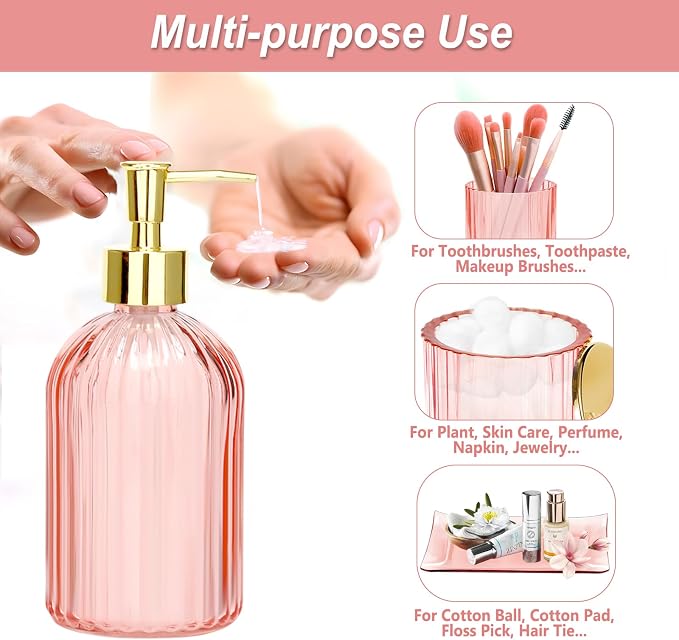 Jenseits Pink Bathroom Accessories Set, Soap Dispenser, Toothbrush Holder - Image 4