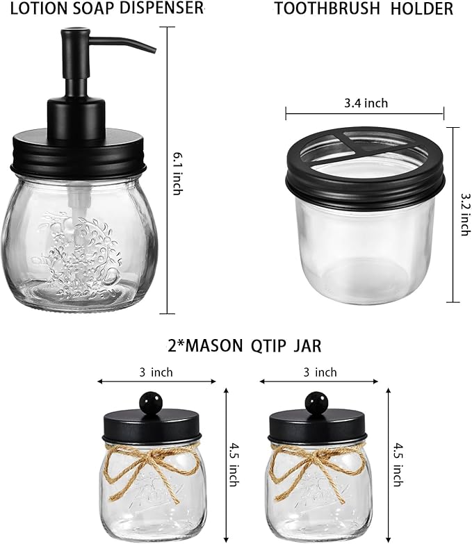 Amolliar Mason Jar Bathroom Accessories Set 4 Pcs -Lotion Soap Dispenser & 2 - Image 2